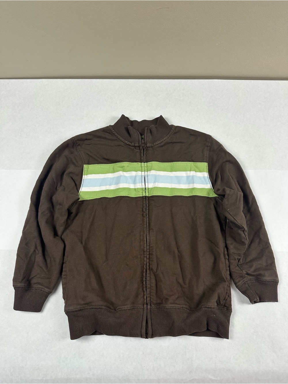 Gymboree Brown Zip Windbreaker with Green and White Stripes